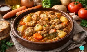 Un reconfortante estofado de pavo con patatas, zanahorias y laurel en un cuenco de barro.