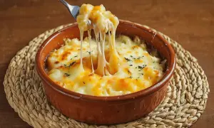Macarrones con queso cremoso y provolone al horno, con un tenedor sacando un bocado que estira el queso fundido.