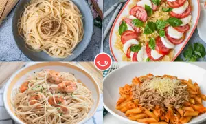Cuatro platos de pasta: espaguetis con pimienta, ensalada caprese con pasta, espaguetis con gambas y penne con atún. ¡Ideas para tus recetas de pasta!