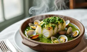 Delicioso bacalao en salsa verde, con almejas y vapor ascendiendo. Un plato humeante y apetitoso.