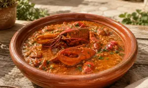 Caldereta de langosta servida en cazuela de barro, con trozos de langosta y arroz en una salsa rojiza.