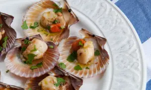 Zamburiñas a la plancha, doradas y jugosas, servidas en sus conchas con perejil fresco y un toque de pimiento rojo.