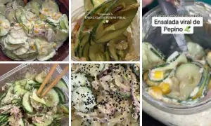 Varias ensaladas de pepino cremosas, algunas con semillas de sésamo negro, listas para disfrutar.