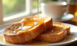Torrijas doradas bañadas en un almíbar para torrijas, con una taza de té al fondo.
