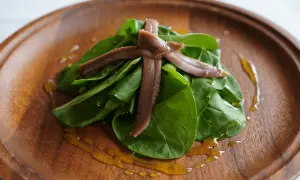 Cogollos frescos con anchoas cruzadas, aderezados con aceite dorado sobre plato de madera.