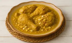 Pollo en pepitoria, un plato tradicional español con trozos de pollo en una salsa dorada, decorado con huevo picado y hebras de azafrán.