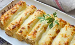 Canelones de pollo gratinados, cubiertos con queso derretido y dorados, decorados con perejil fresco.