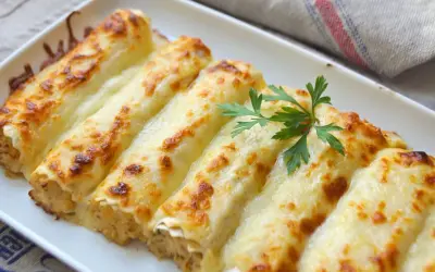 Canelones de pollo gratinados, cubiertos con queso derretido y dorados, decorados con perejil fresco.