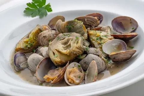 Delicioso plato de alcachofas con almejas, un manjar marino y vegetal en una salsa suave.