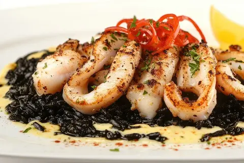 Delicioso arroz negro con calamares a la plancha, adornado con pimientos rojos y perejil.