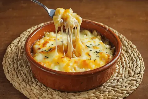 Macarrones con queso cremoso y provolone al horno, con un tenedor sacando un bocado que estira el queso fundido.