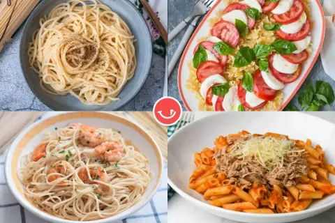 Cuatro platos de pasta: espaguetis con pimienta, ensalada caprese con pasta, espaguetis con gambas y penne con atún. ¡Ideas para tus recetas de pasta!