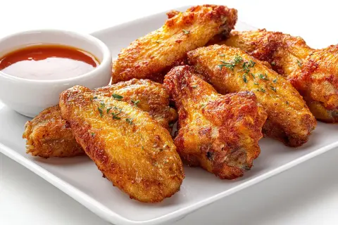 Alitas de pollo al horno crujientes, doradas y sazonadas con hierbas, servidas con una salsa picante.