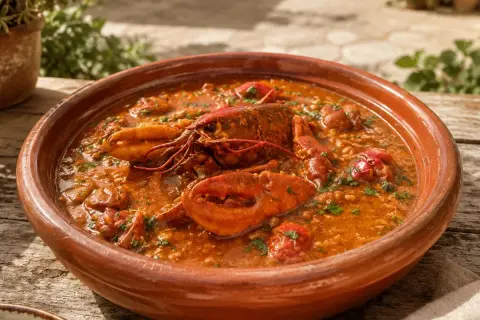 Caldereta de langosta servida en cazuela de barro, con trozos de langosta y arroz en una salsa rojiza.