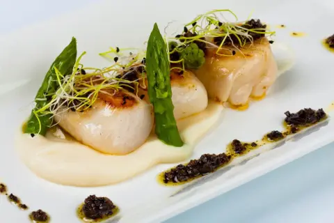 Deliciosas vieiras a la plancha sobre puré cremoso, adornadas con espárragos tiernos y brotes frescos. Un plato elegante y sabroso.