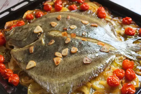 Rodaballo al horno con tomates cherry y láminas de ajo, servido sobre una cama de cebolla caramelizada en una bandeja de horno.