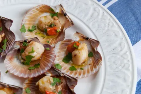 Zamburiñas a la plancha, doradas y jugosas, servidas en sus conchas con perejil fresco y un toque de pimiento rojo.