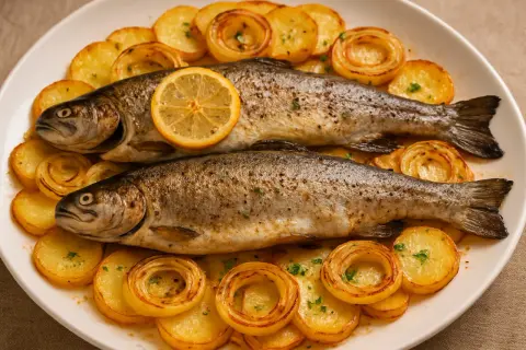 Dos truchas al horno, doradas y jugosas, acompañadas de rodajas de patata y cebolla crujientes, con una rodaja de limón coronando una de ellas.