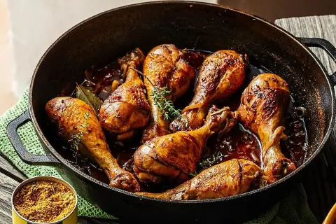 Muslos de pollo a la cerveza dorados y jugosos en una sartén de hierro fundido, con hierbas frescas y un toque de especias.