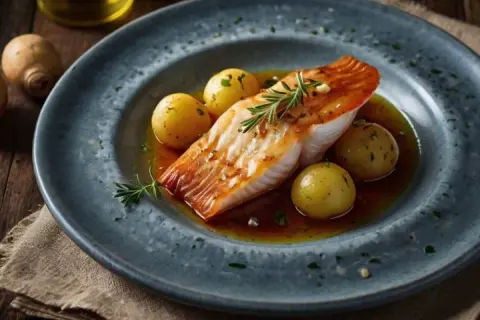 Delicioso filete de raya a la gallega con patatas pequeñas y romero, servido en plato azul.