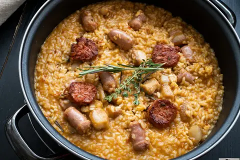 Arroz a la zamorana en paellera, con chorizo, costillas y hierbas aromáticas.