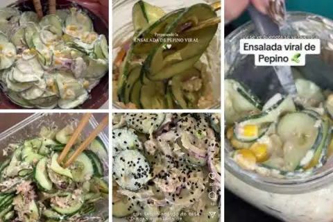 Varias ensaladas de pepino cremosas, algunas con semillas de sésamo negro, listas para disfrutar.