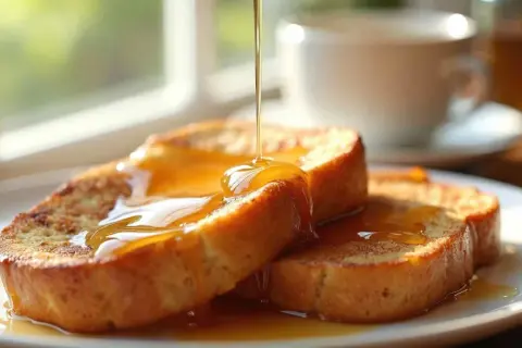 Torrijas doradas bañadas en un almíbar para torrijas, con una taza de té al fondo.
