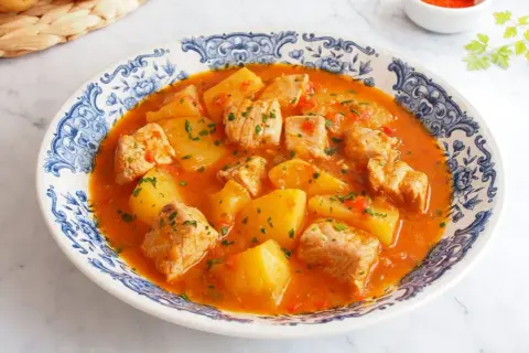 Un delicioso marmitako de atún con patatas y pimientos rojos, servido en un plato con borde azul y blanco.