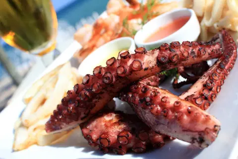 Tentáculos de pulpo a la plancha, dorados y jugosos, servidos con patatas y salsas.
