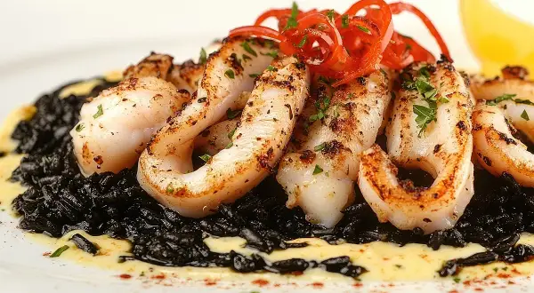 Delicioso arroz negro con calamares a la plancha, adornado con pimientos rojos y perejil.