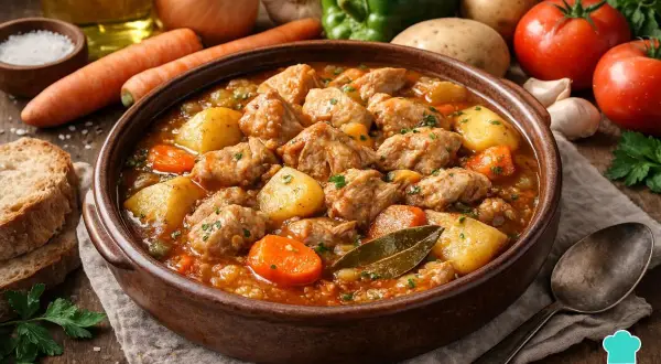 Un reconfortante estofado de pavo con patatas, zanahorias y laurel en un cuenco de barro.