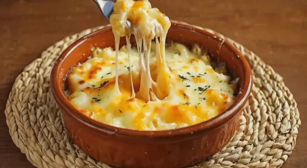 Macarrones con queso cremoso y provolone al horno, con un tenedor sacando un bocado que estira el queso fundido.