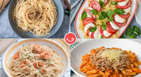 Cuatro platos de pasta: espaguetis con pimienta, ensalada caprese con pasta, espaguetis con gambas y penne con atún. ¡Ideas para tus recetas de pasta!
