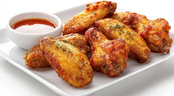 Alitas de pollo al horno crujientes, doradas y sazonadas con hierbas, servidas con una salsa picante.