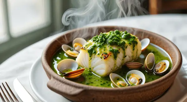 Delicioso bacalao en salsa verde, con almejas y vapor ascendiendo. Un plato humeante y apetitoso.