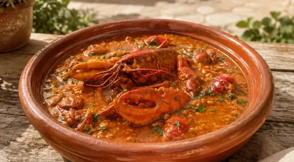 Caldereta de langosta servida en cazuela de barro, con trozos de langosta y arroz en una salsa rojiza.