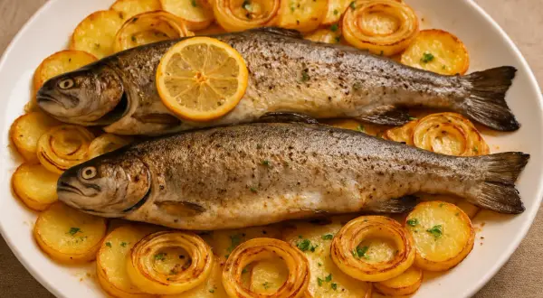 Dos truchas al horno, doradas y jugosas, acompañadas de rodajas de patata y cebolla crujientes, con una rodaja de limón coronando una de ellas.