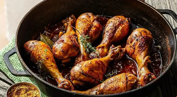 Muslos de pollo a la cerveza dorados y jugosos en una sartén de hierro fundido, con hierbas frescas y un toque de especias.