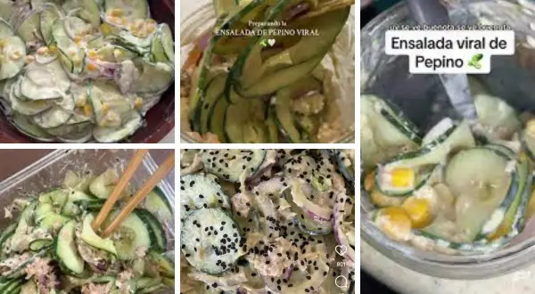 Varias ensaladas de pepino cremosas, algunas con semillas de sésamo negro, listas para disfrutar.