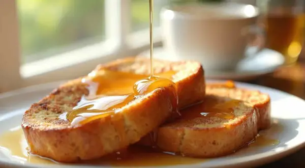 Torrijas doradas bañadas en un almíbar para torrijas, con una taza de té al fondo.