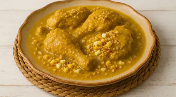 Pollo en pepitoria, un plato tradicional español con trozos de pollo en una salsa dorada, decorado con huevo picado y hebras de azafrán.