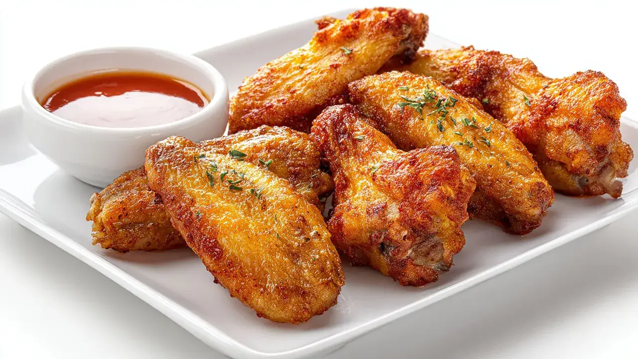 Alitas de pollo al horno crujientes, doradas y sazonadas con hierbas, servidas con una salsa picante.