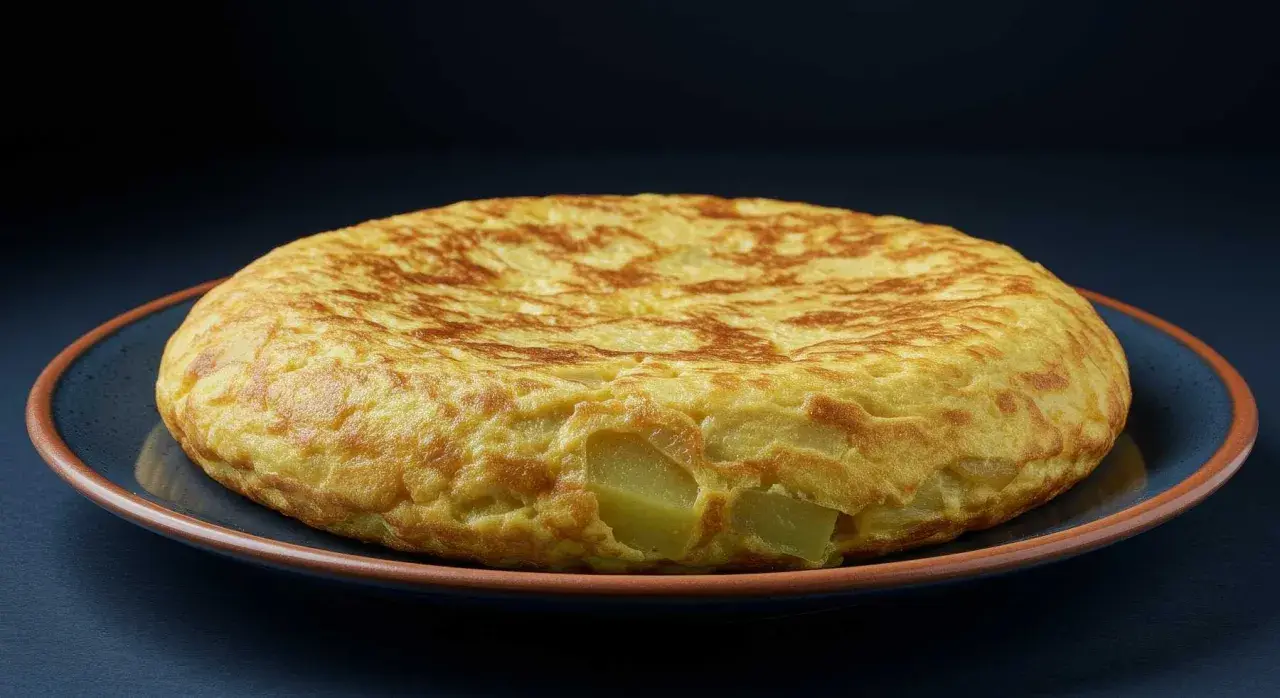 Tortilla de berenjena dorada y esponjosa, con trozos de patata visibles, servida en un plato azul.