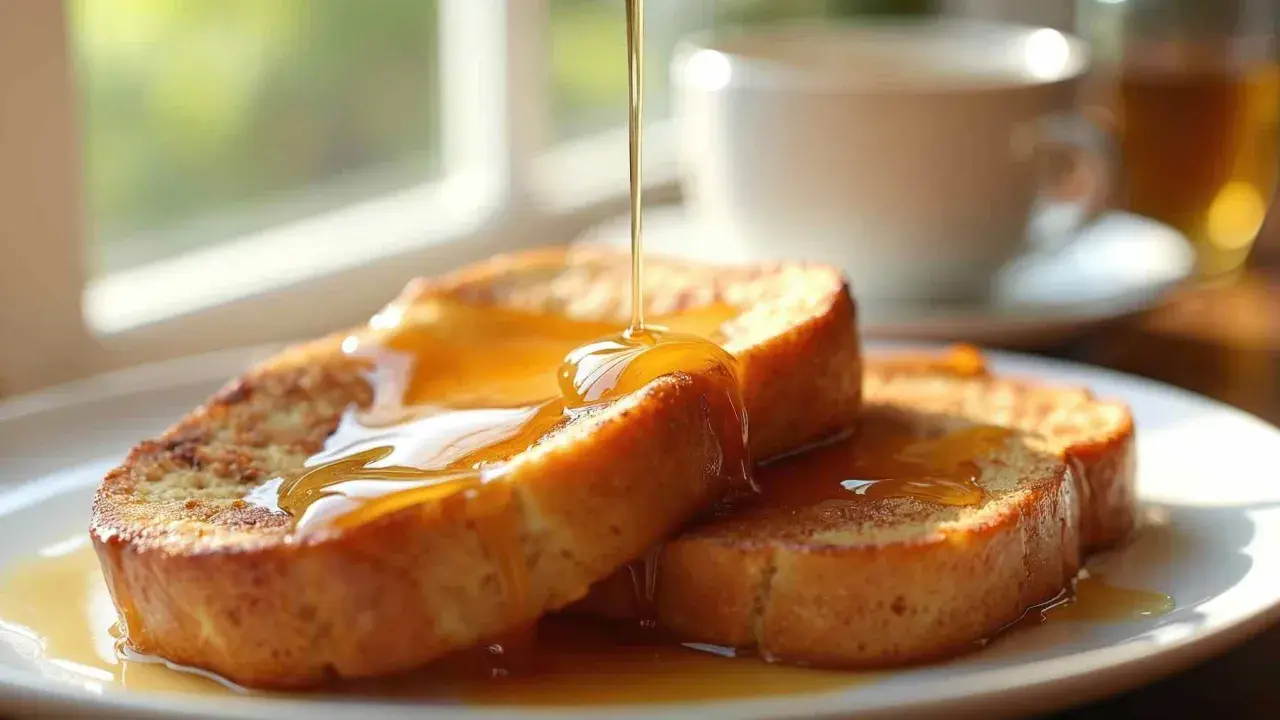 Torrijas doradas bañadas en un almíbar para torrijas, con una taza de té al fondo.