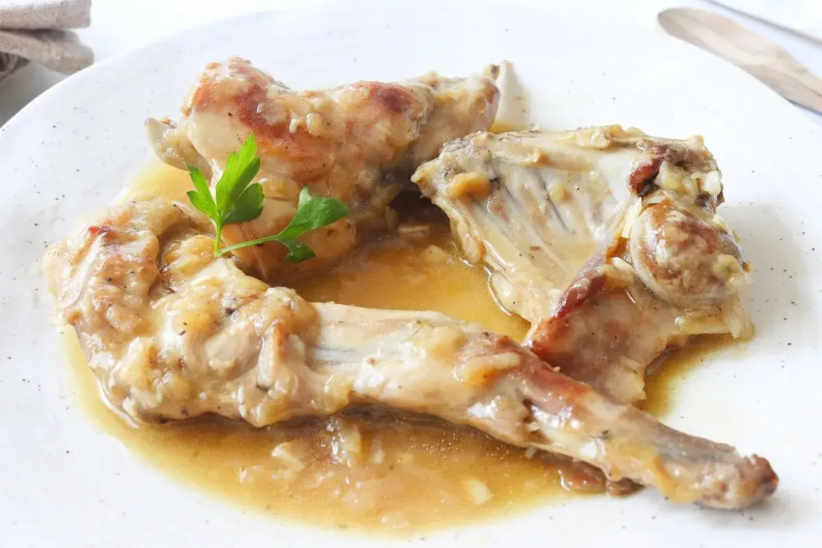 Sabroso conejo en salsa, servido en un plato blanco con una ramita de perejil.