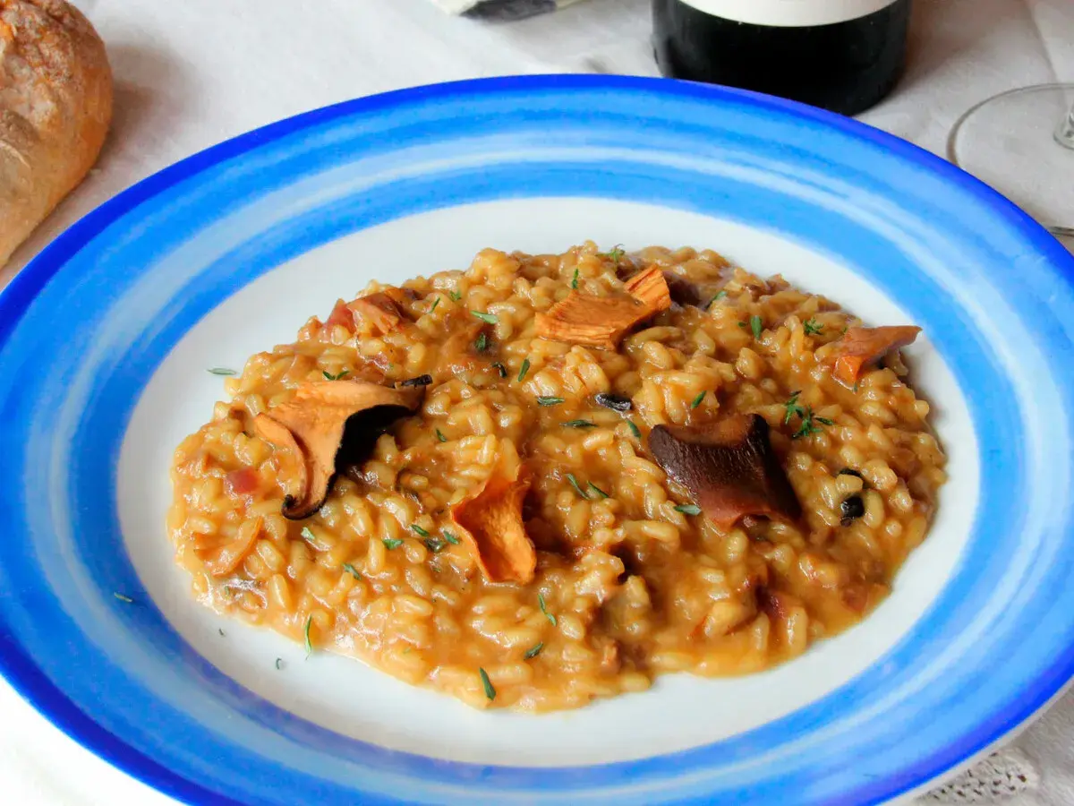 Un cremoso risotto de boletus, adornado con hierbas frescas, servido en un plato azul y blanco.