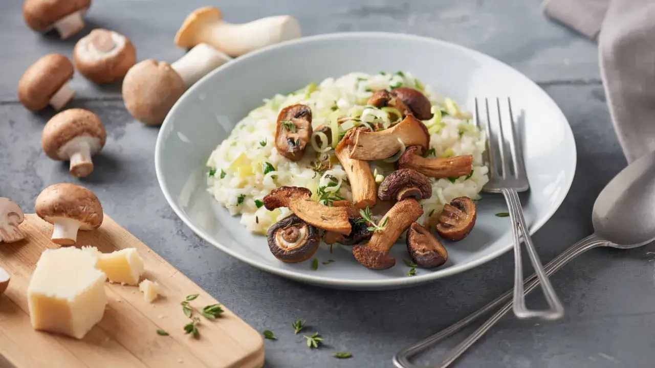 Un cremoso risotto de setas, adornado con champi&ntilde;ones salteados y hierbas frescas. Acompa&ntilde;ado de un trozo de queso parmesano y setas crudas.