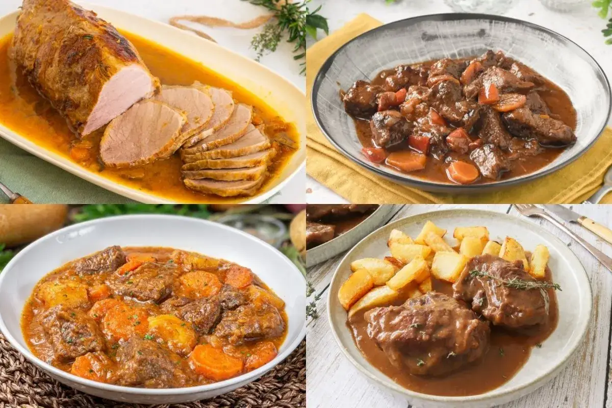 Variedad de carnes estofadas y asadas, con ricas salsas para carnes, acompa&ntilde;adas de patatas y zanahorias.