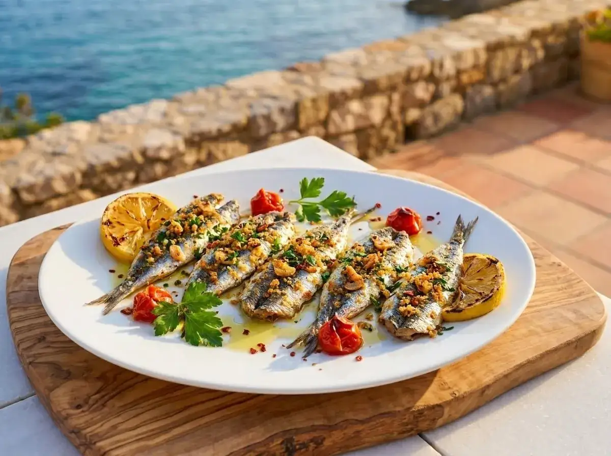 Deliciosos boquerones al horno, servidos con limón, tomates y perejil, con el mar de fondo.