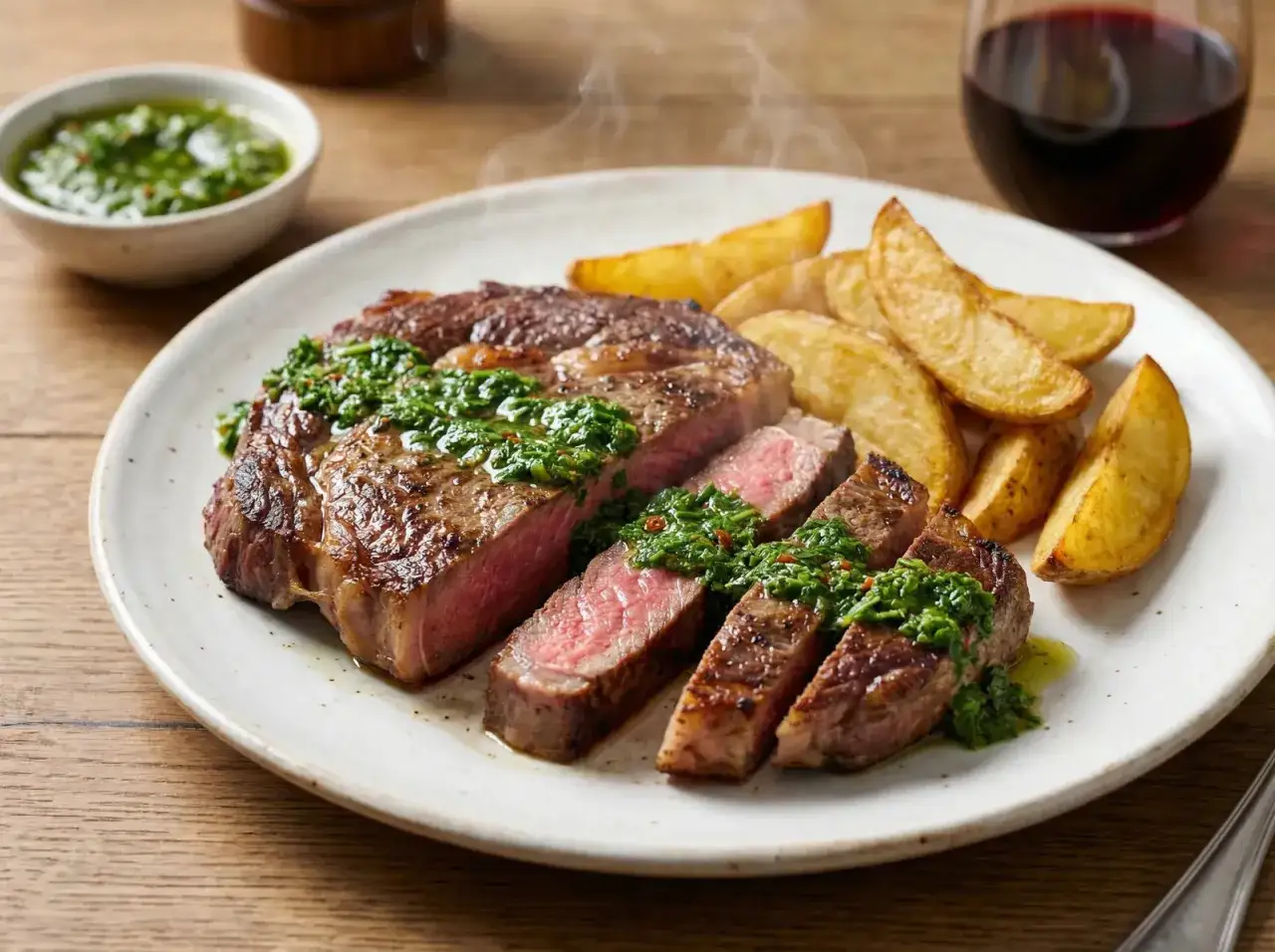 Jugoso entrecot a la plancha, cortado y servido con patatas r&uacute;sticas y salsa verde.